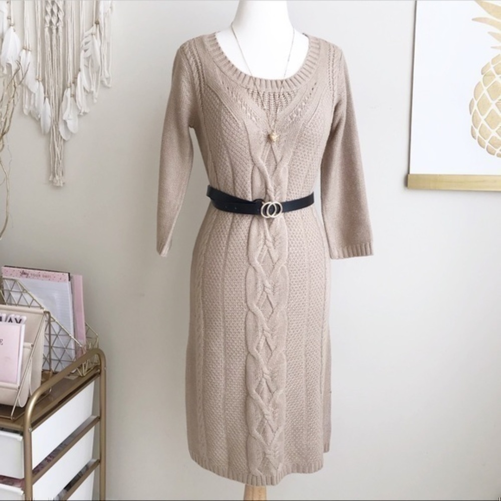 Pink Rose Taupe Cable Knit Midi Dress